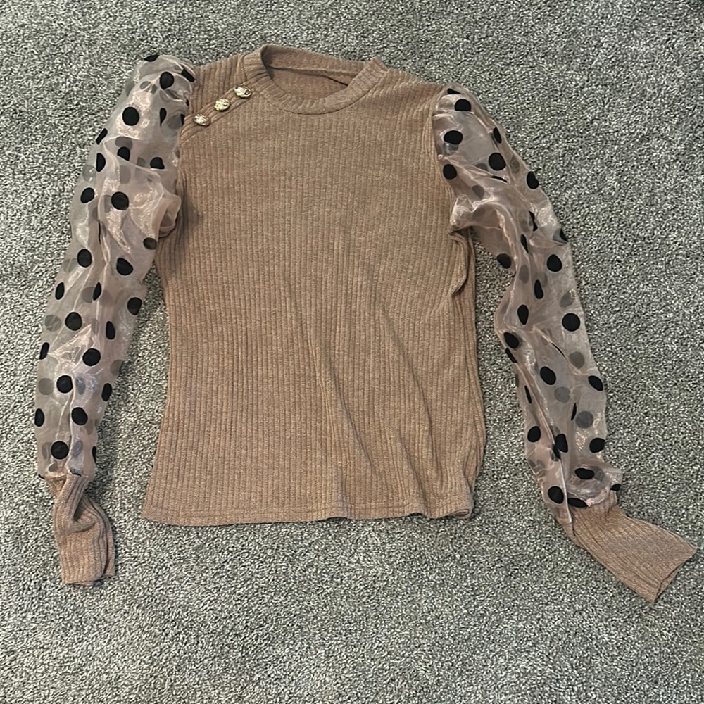 Elegant Tan Top with Sheer Polka Dot Sleeves